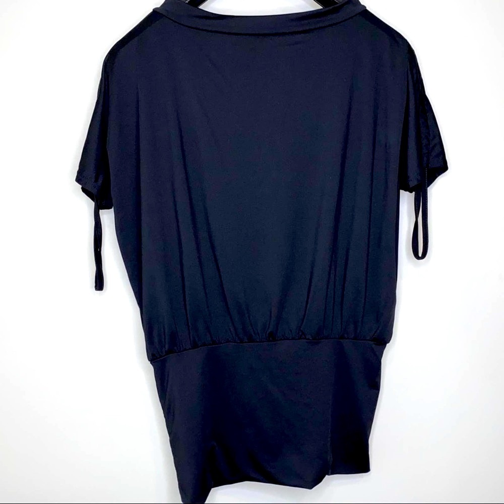 Black Oversized Short Sleeve Blouse w/ Rhinestone Size Large Classy Black Tie - Picture 2 of 4